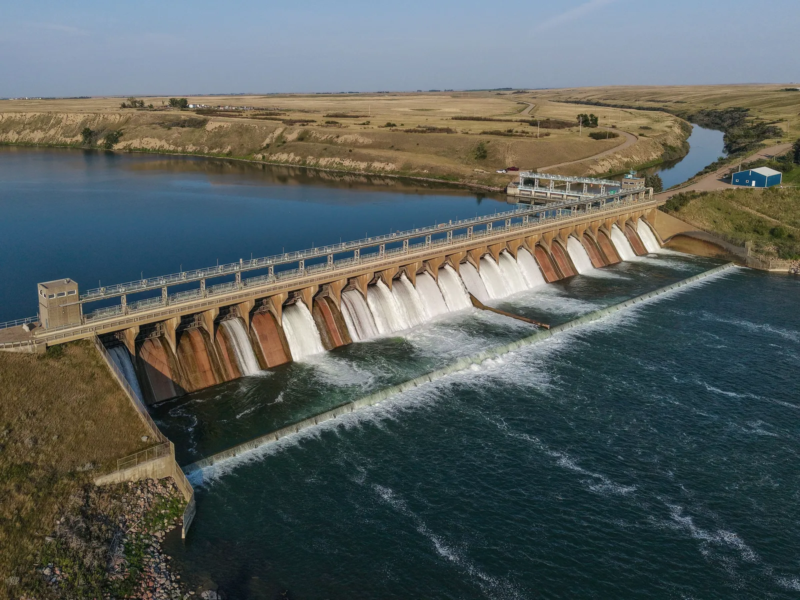 Aerial view of the Bassano Dam on the Bow River, near Bassano, Alberta